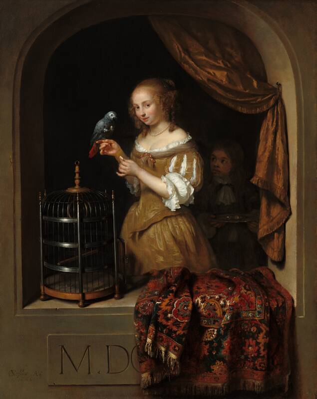A Woman Feeding a Parrot, with a Page by Caspar Netscher, 1666