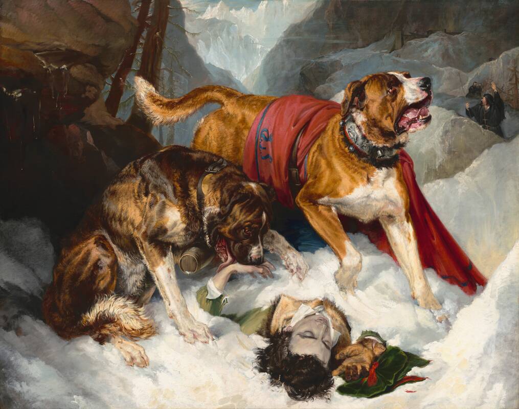 Alpine Mastiffs Reanimating a Distressed Traveler by Sir Edwin Landseer, 1820