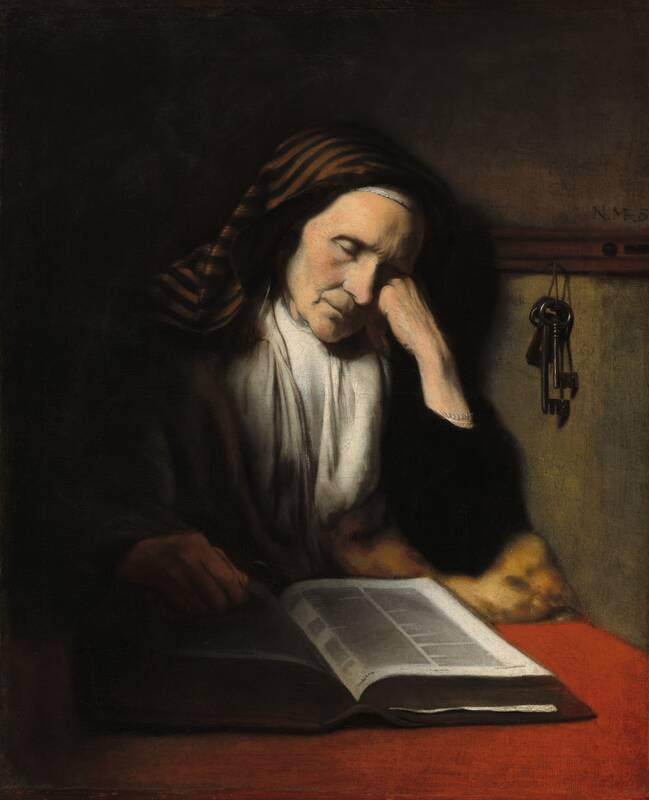An Old Woman Dozing over a Book by Nicolaes Maes, c. 1655