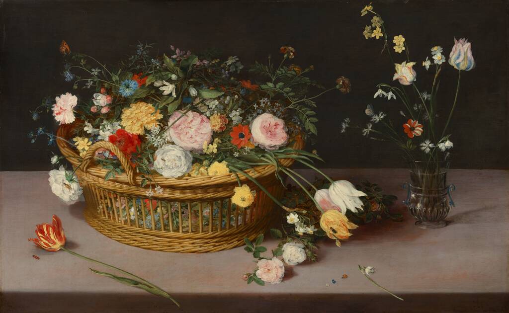 Flowers in a Basket and a Vase by Jan Brueghel the Elder, 1615