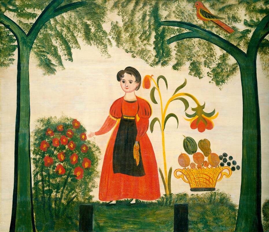 Girl in Red with Flowers and a Distelfink by American 19th Century, c. 1830