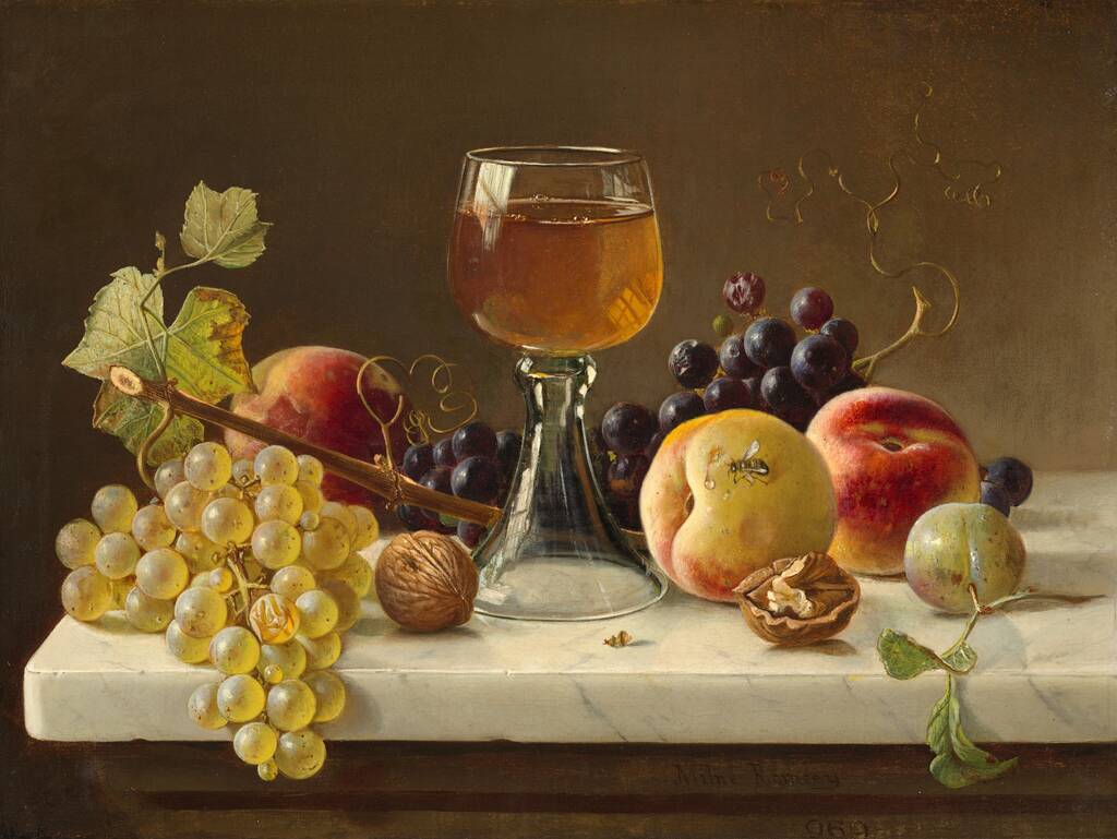 Marble Tabletop with Fruit and Wineglass by Milne Ramsey, 1869