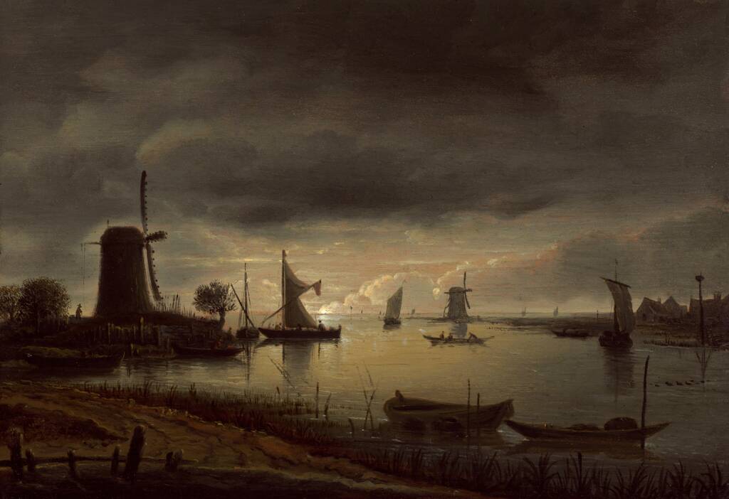 River Scene with Windmill and Boats, Evening by Anthonie van Borssom, c. 1645