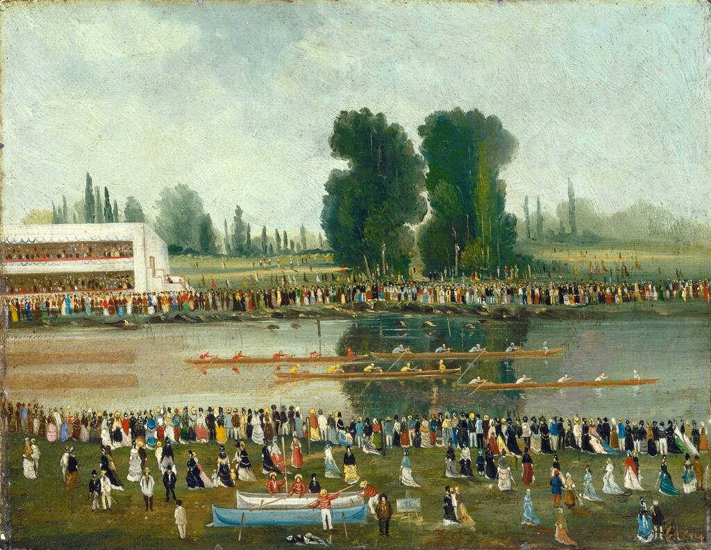 Rowing Scene: Crowds Watching from the River Banks by E. Levy, late 19th century