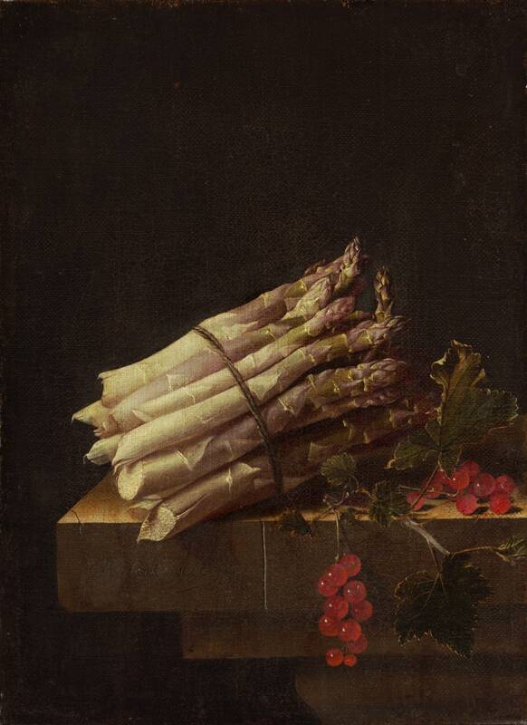 Still Life with Asparagus and Red Currants by Adriaen Coorte, 1696