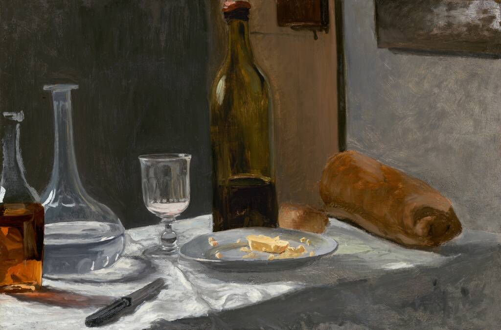 Still Life with Bottle, Carafe, Bread, and Wine by Claude Monet, c. 1862/1863