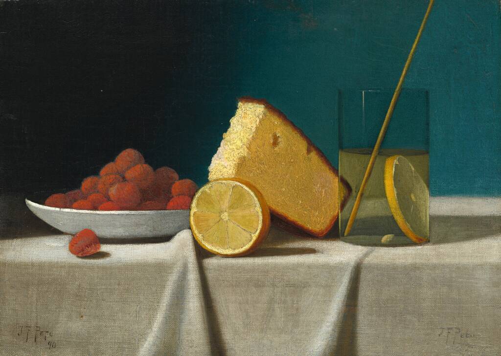 Still Life with Cake, Lemon, Strawberries, and Glass by John Frederick Peto, 1890