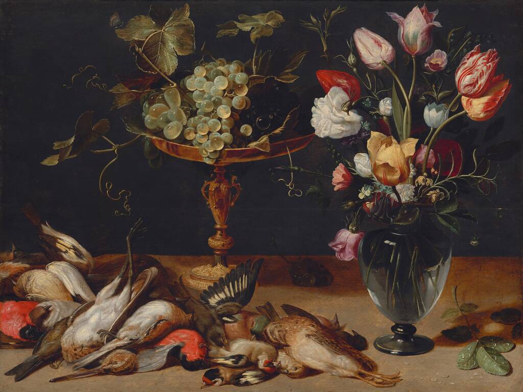Still Life with Flowers, Grapes, and Small Game Birds by Frans Snyders, c. 1615