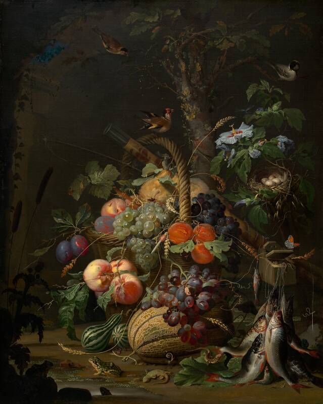 Still Life with Fruit, Fish, and a Nest by Abraham Mignon, c. 1675
