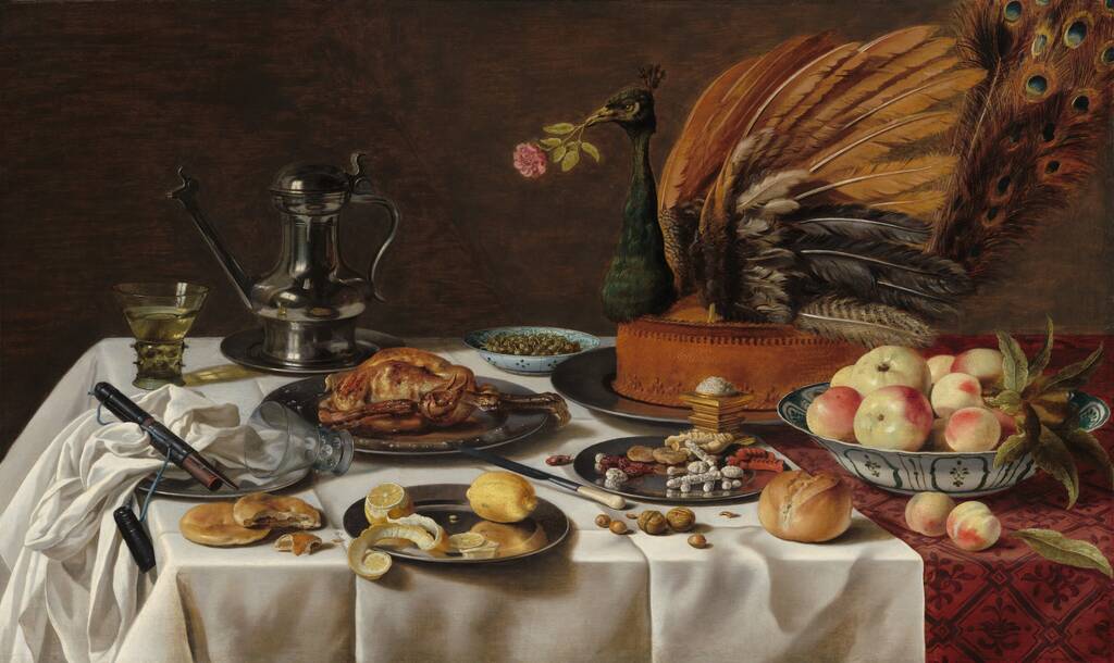 Still Life with Peacock Pie by Pieter Claesz, 1627