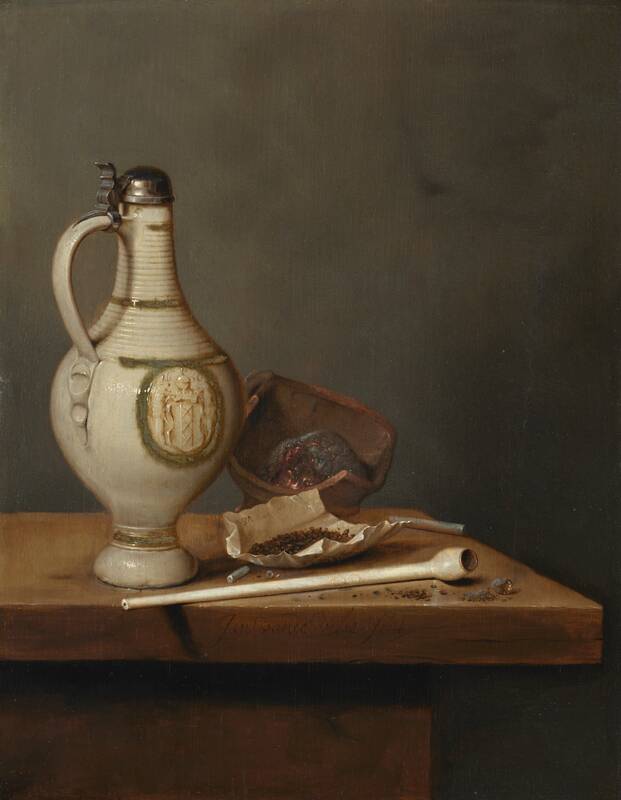 Still Life with Stoneware Jug and Pipe by Jan Jansz van de Velde III, mid 1650s