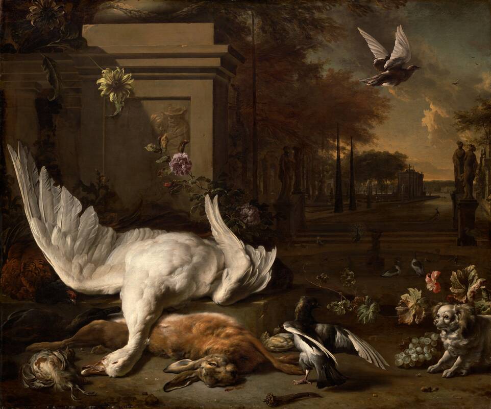 Still Life with Swan and Game before a Country Estate by Jan Weenix, c. 1685