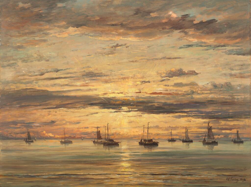Sunset at Scheveningen: A Fleet of Fishing Vessels at Anchor by Hendrik Willem Mesdag, 1894