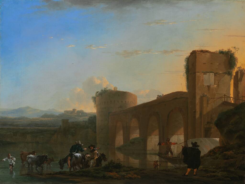 The Tiber River with the Ponte Molle at Sunset by Jan Asselijn, c. 1650