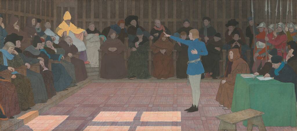 The Trial of Joan of Arc (Joan of Arc series: VI) by Louis Maurice Boutet de Monvel, c. late 1909-early 1910