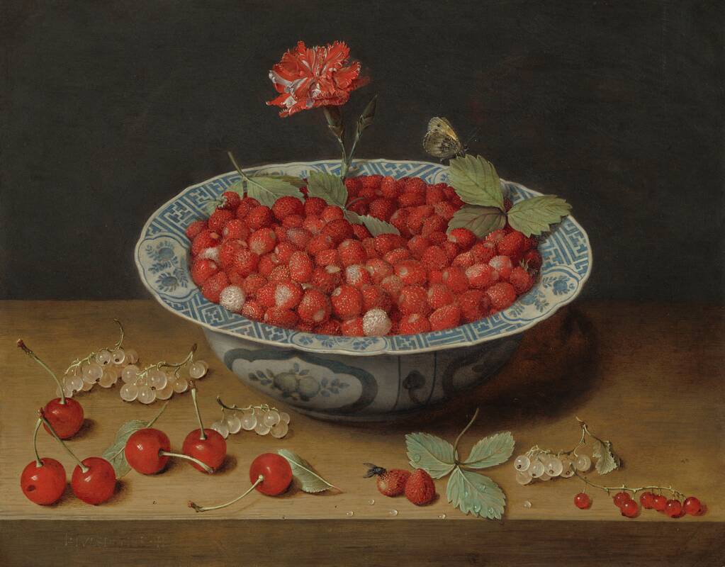 Wild Strawberries and a Carnation in a Wan-Li Bowl by Jacob van Hulsdonck, c. 1620